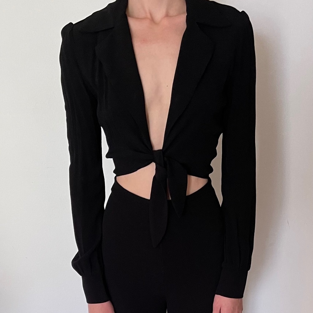 Reformation Women's Cut Out Tie Front Jumpsuit Size 2 Black Long Sleeve